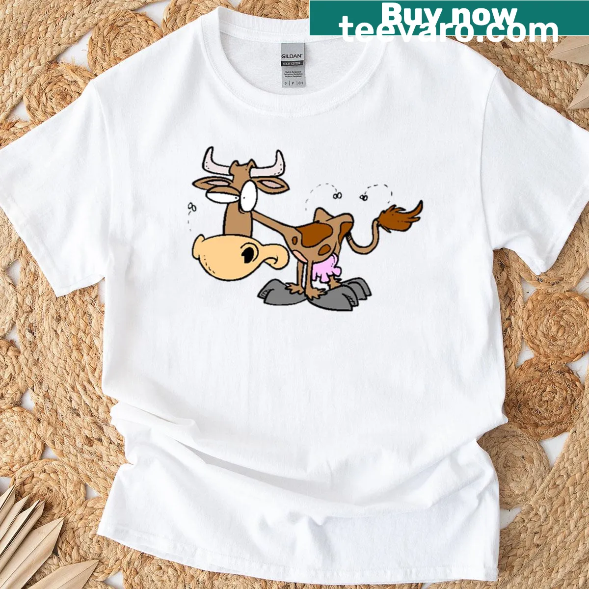 T-shirt featuring a cartoon bull in a sweat, humorous design — on a men's t-shirt