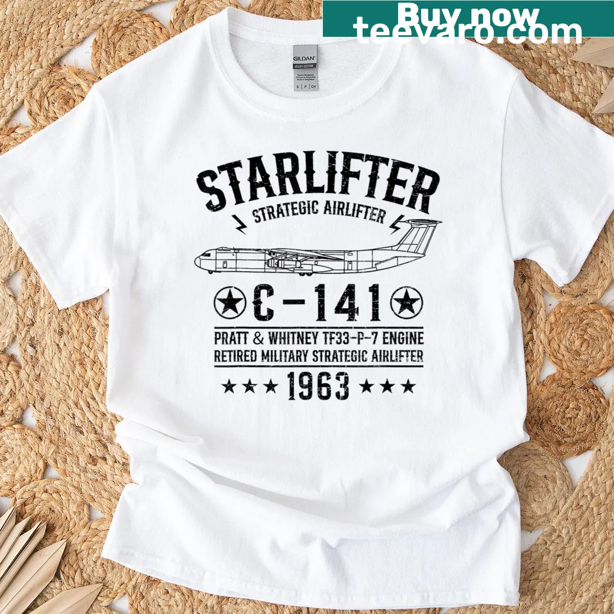 Illustration of the C-141 Starlifter military aircraft on a t-shirt. — on a men's t-shirt