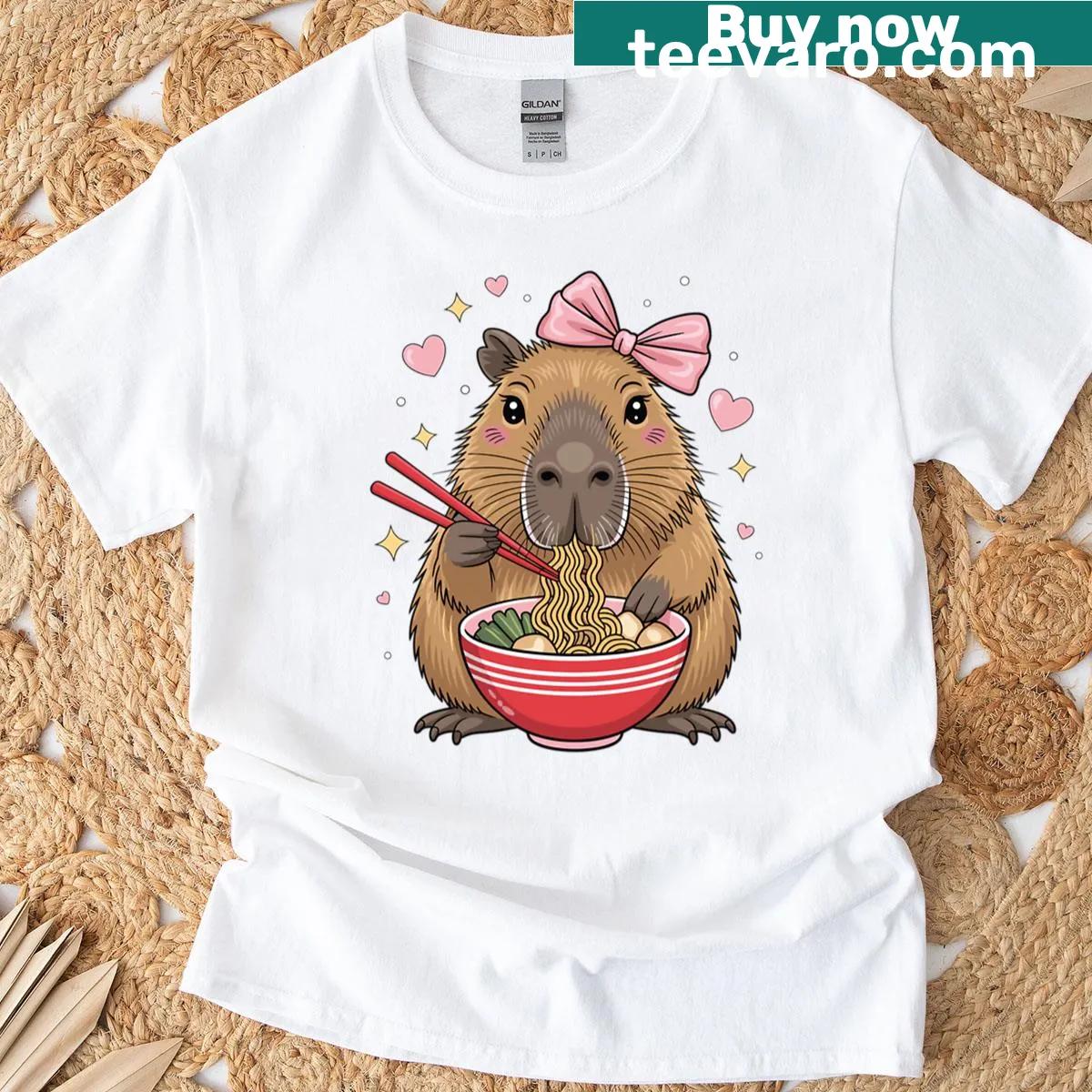 Kawaii-style T-shirt featuring a cute capybara with ramen — on a men's t-shirt