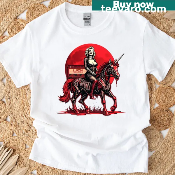 Skeleton on a unicorn t-shirt with gothic fantasy design