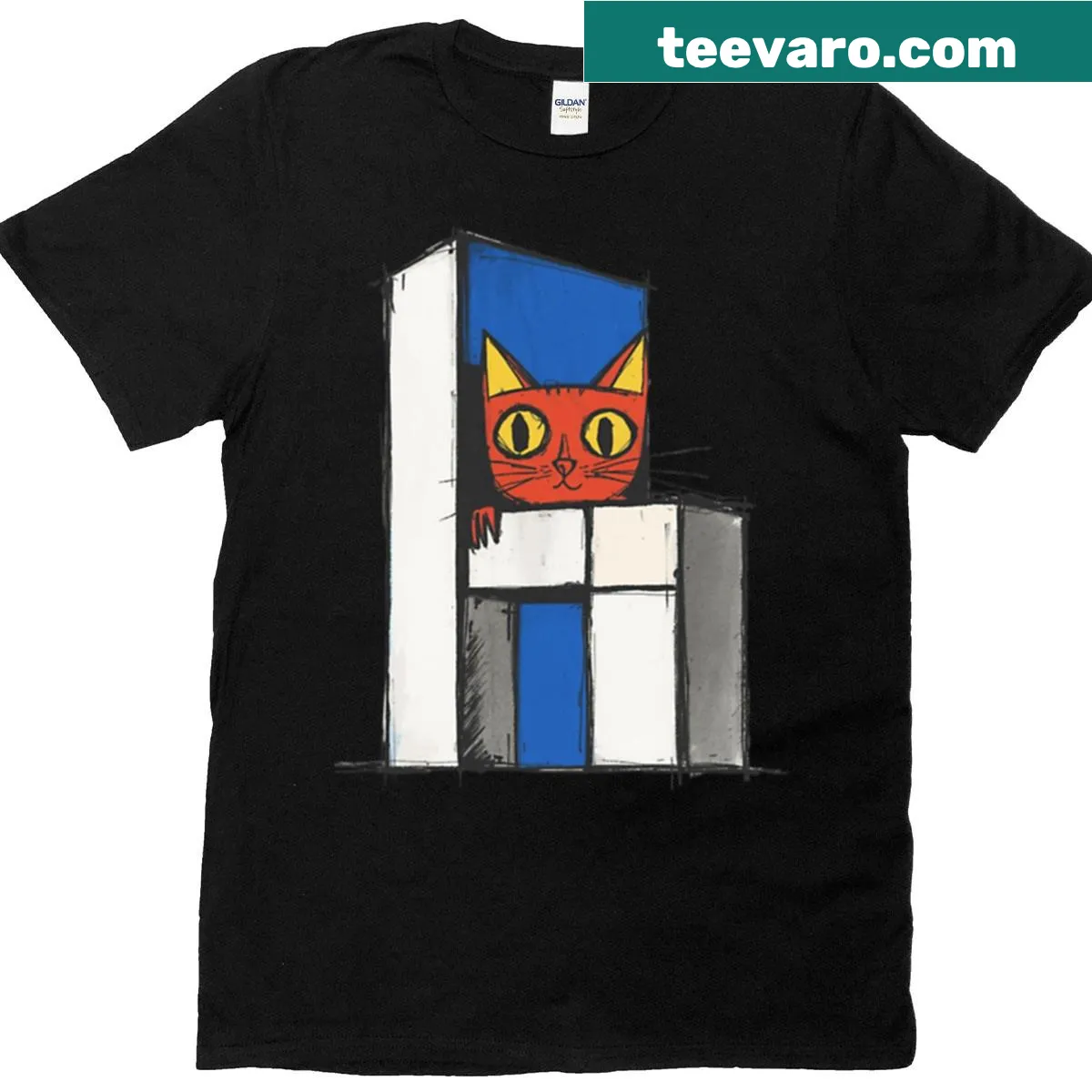 Illustrative orange kitten peeking from a building on casual tee — on a men's t-shirt