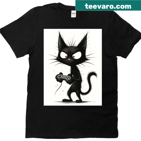 T-shirt featuring playful cat illustrations.