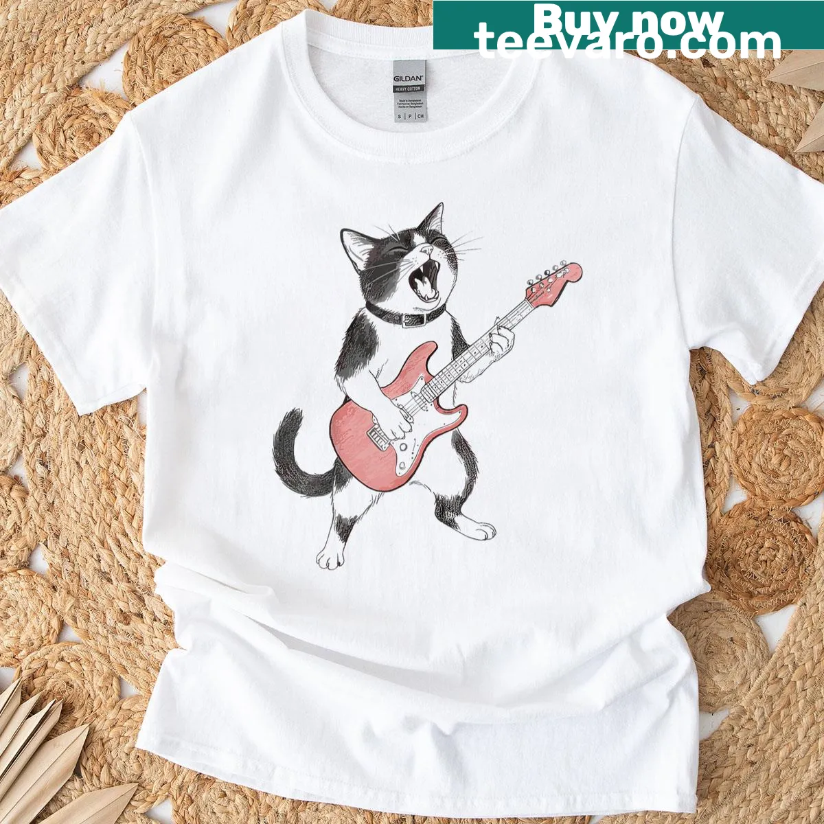 Vintage-style T-shirt with a cat playing a guitar design. — on a men's t-shirt