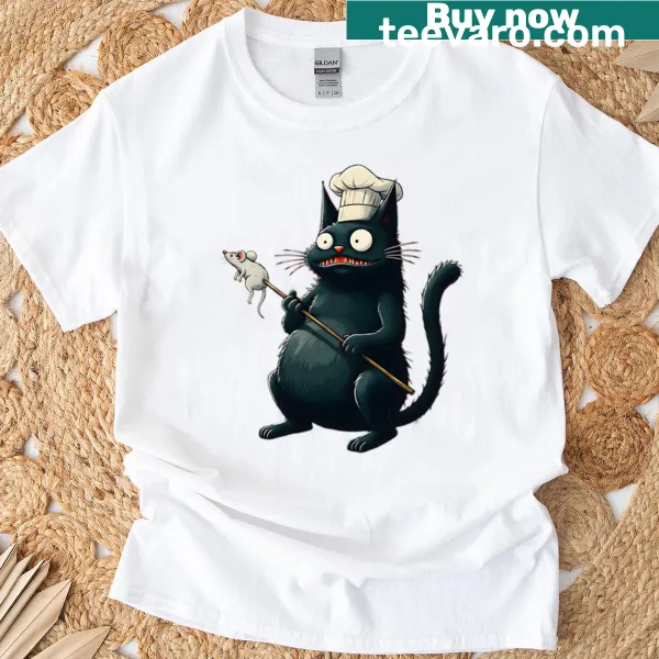 Cartoon cat roasting a mouse graphic on T-shirt