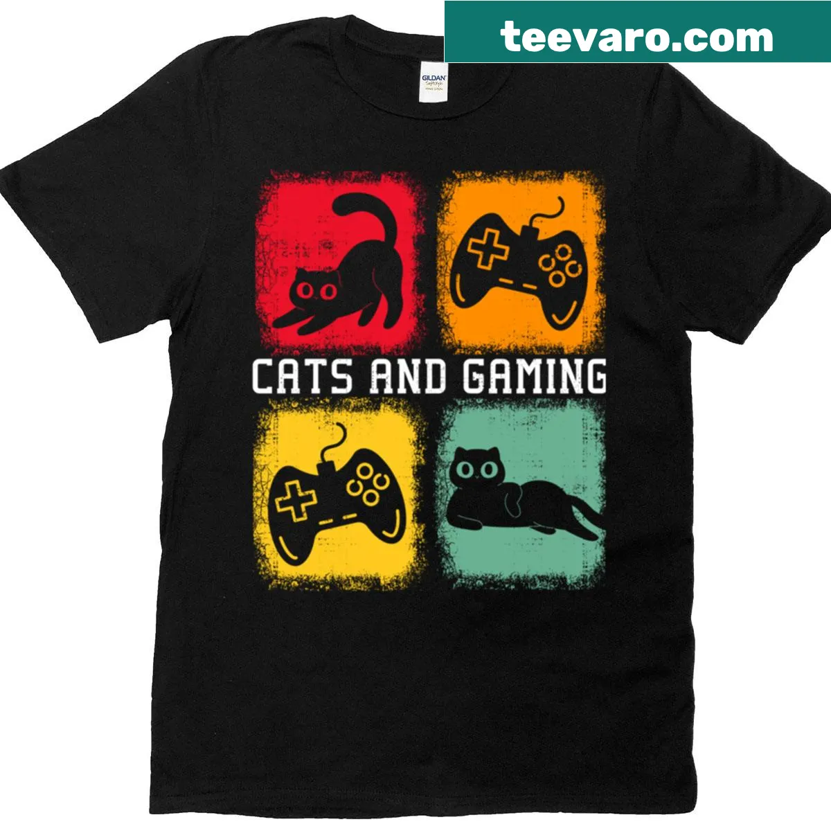 Oversized gaming T-shirt featuring playful cat design — on a men's t-shirt