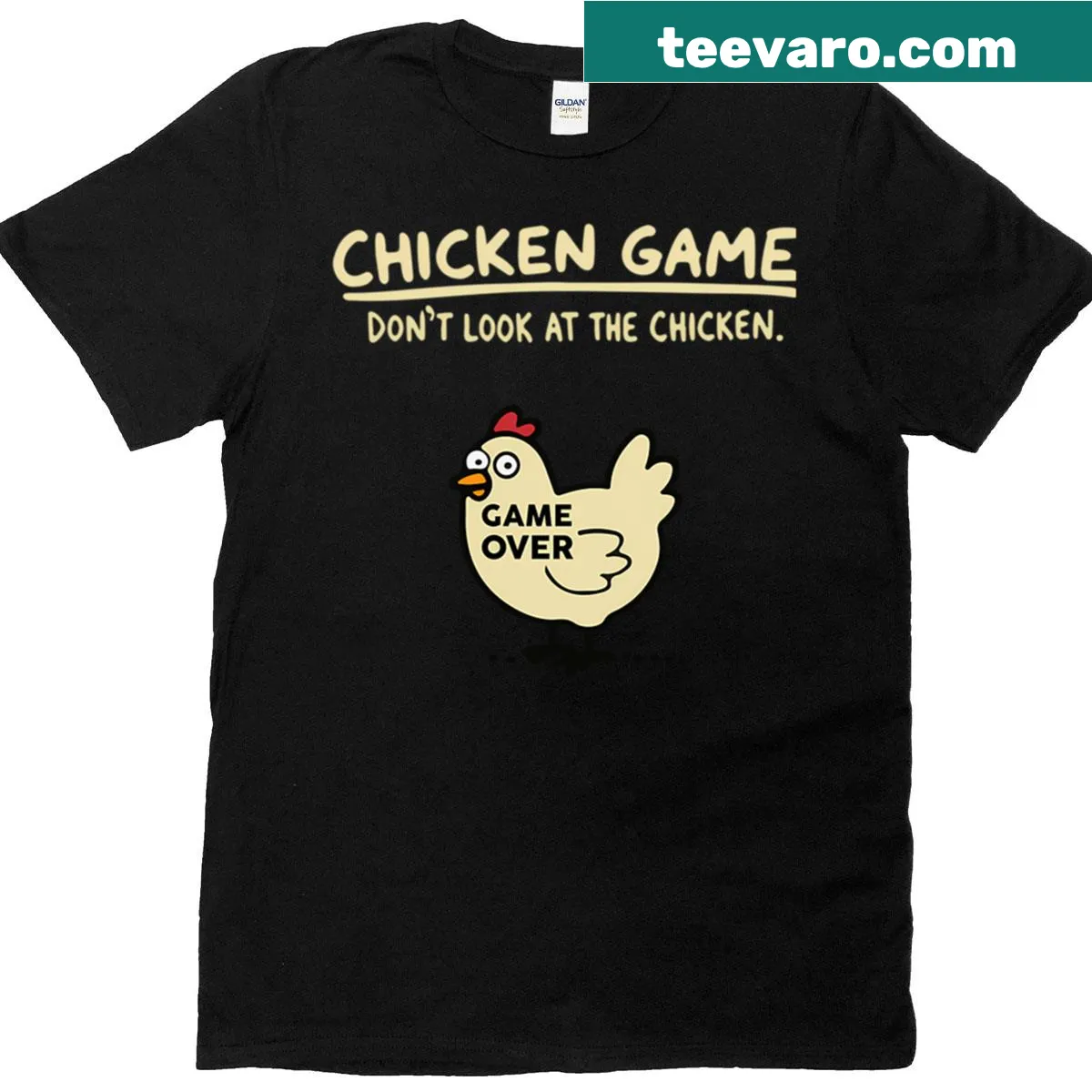 Cartoon chicken graphic with humorous text on oversized tee — on a men's t-shirt