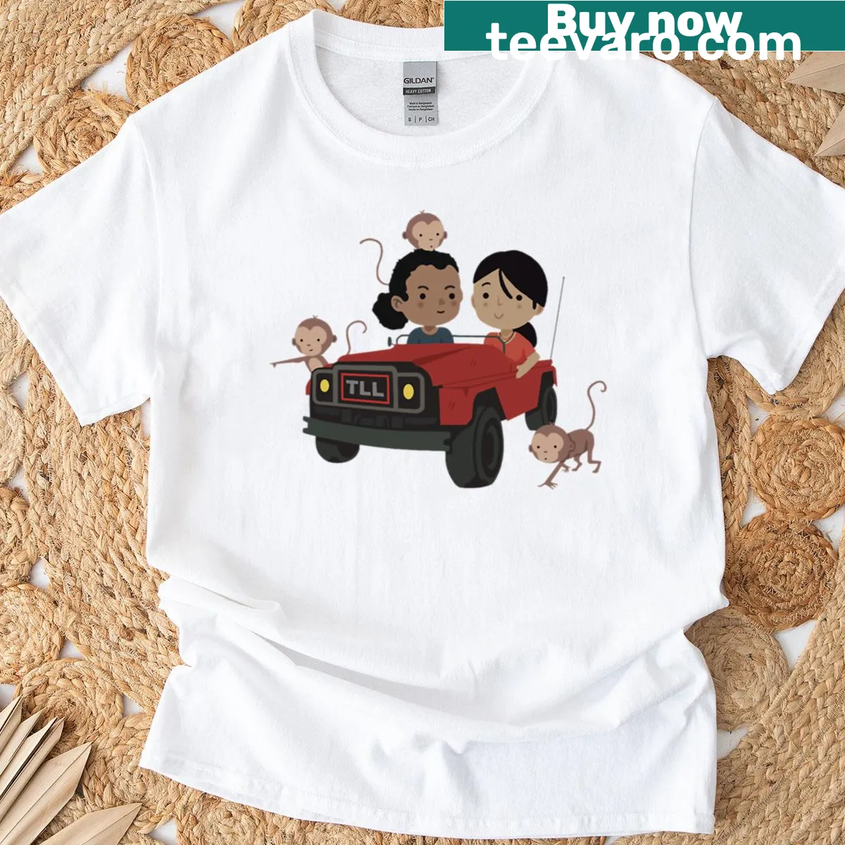 Oversized T-shirt with Chloe and Nadine driving a vintage car illustration — on a men's t-shirt