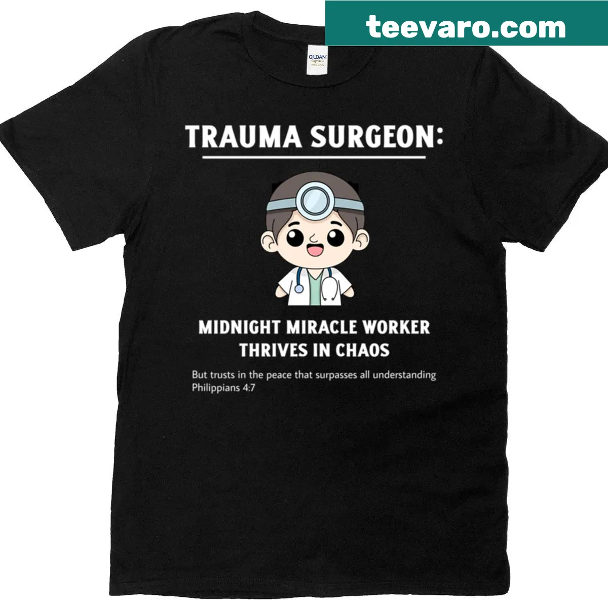 Christian-themed tee honoring trauma surgeons with thoughtful design — on a men's t-shirt