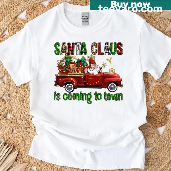Illustrated Christmas T-shirt featuring Santa Claus and festive text