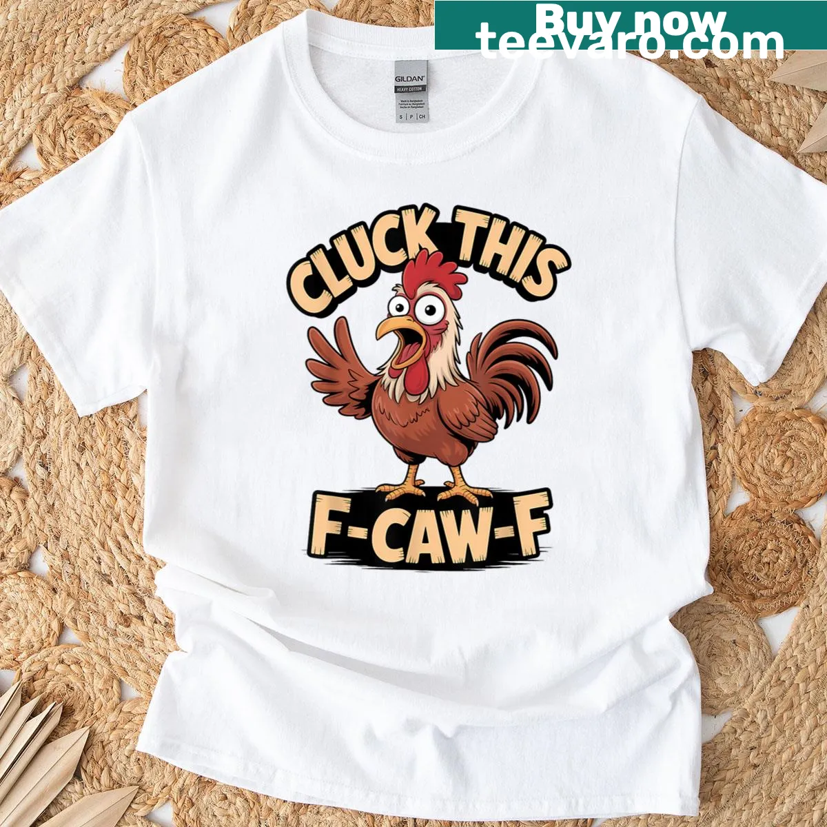Funny rooster graphic T-shirt with humorous slogan about chickens — on a men's t-shirt