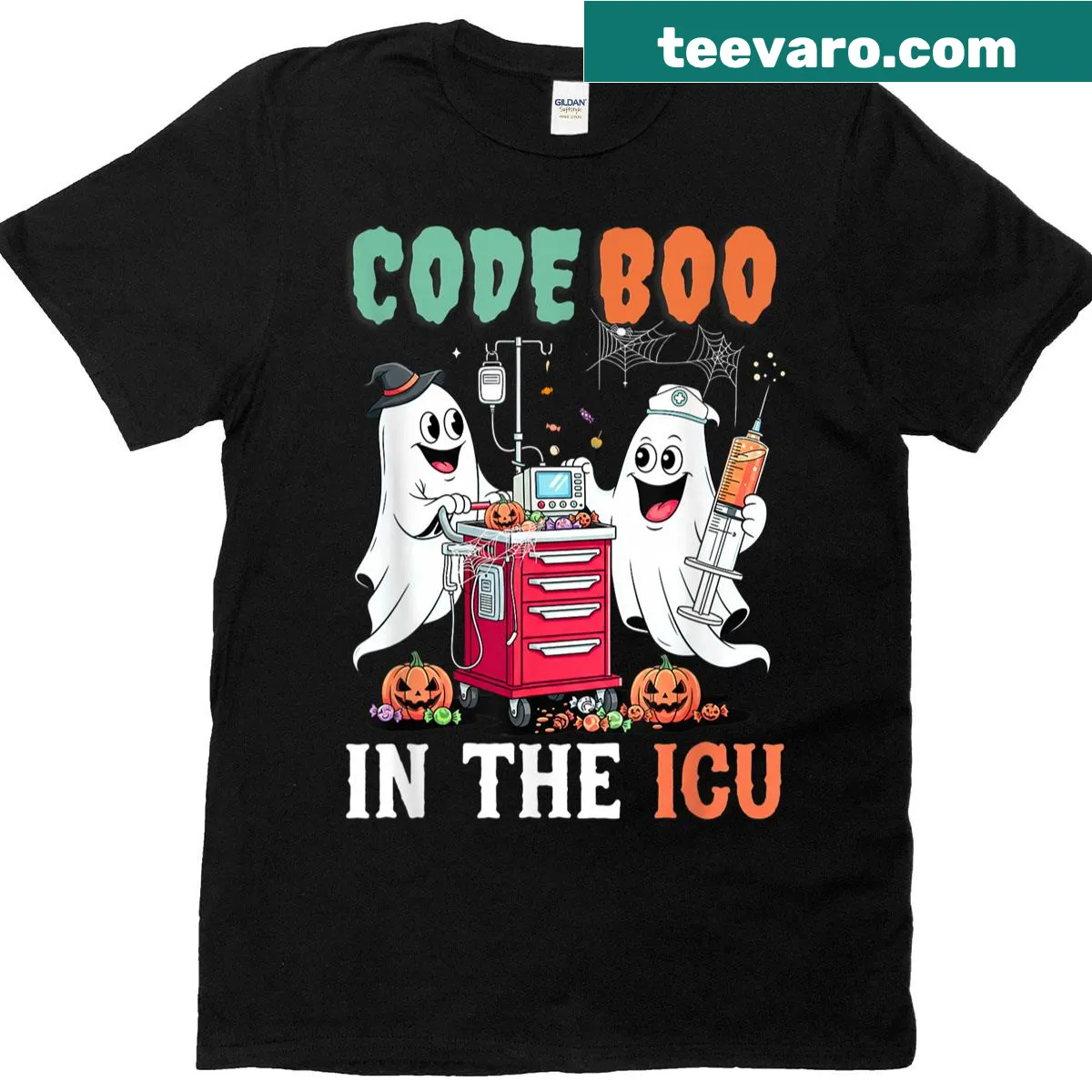 Cartoonish 'Code Boo' design for nurses, blending medical themes with Halloween fun. — on a men's t-shirt