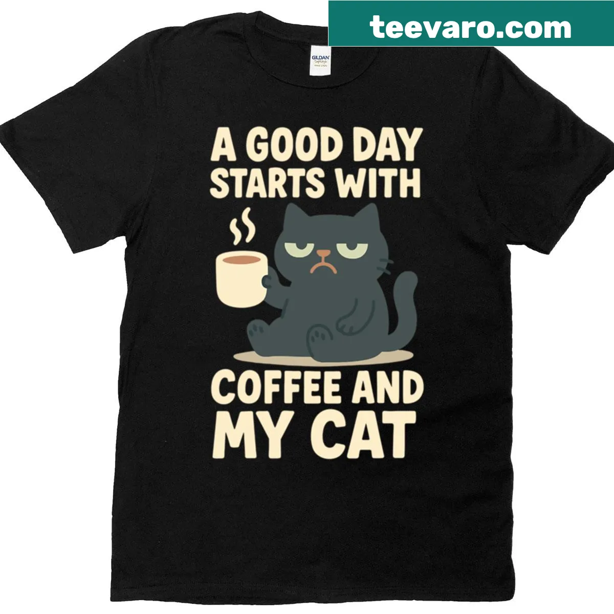 T-shirt with the phrase 'A Good Day Starts With Coffee And Cat' — on a men's t-shirt