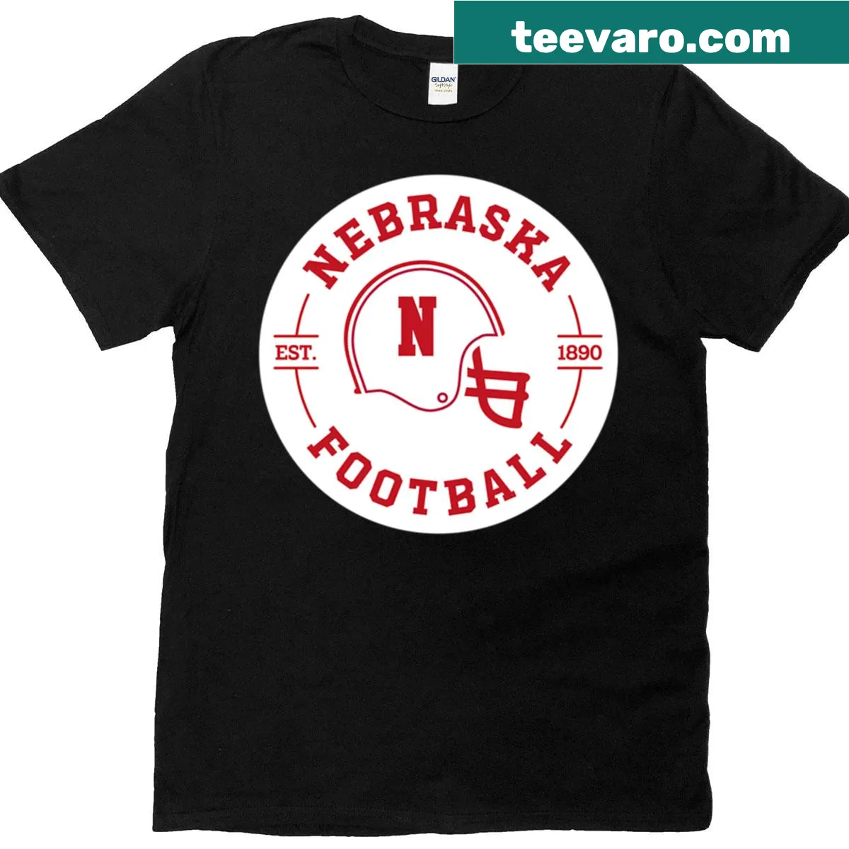 T-shirt featuring a Nebraska-themed badge design. — on a men's t-shirt