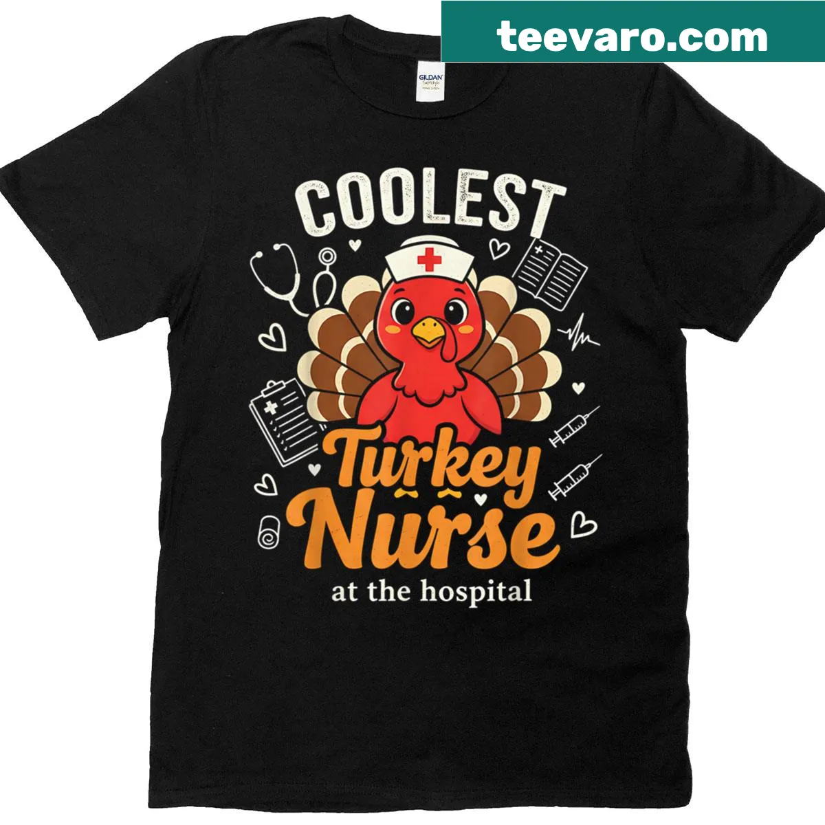 Retro T-shirt featuring a turkey dressed as a nurse — on a men's t-shirt
