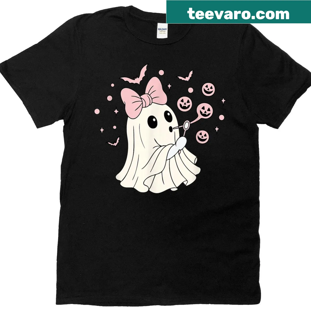 Halloween t-shirt featuring a stylish ghost blowing a bubble. — on a men's t-shirt