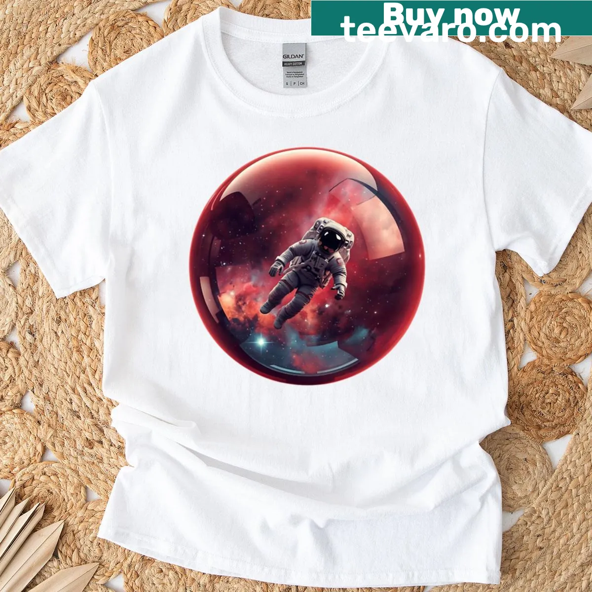 Whimsical astronaut floating in a space bubble on a T-shirt — on a men's t-shirt