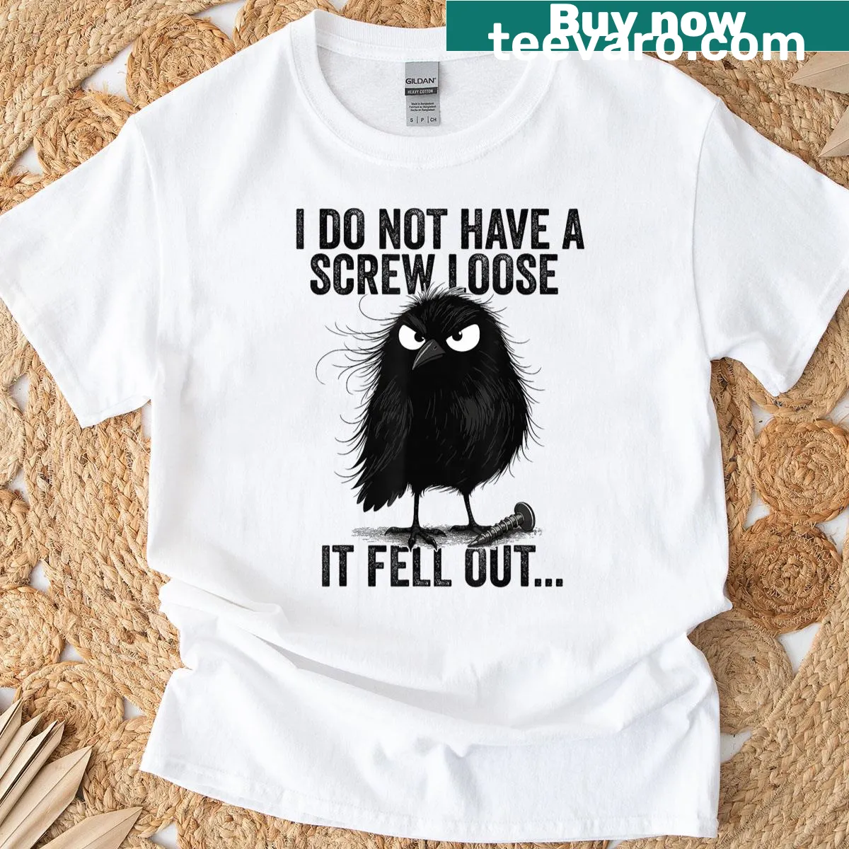 Funny sarcastic t-shirt with text about not having a screw loose — on a men's t-shirt