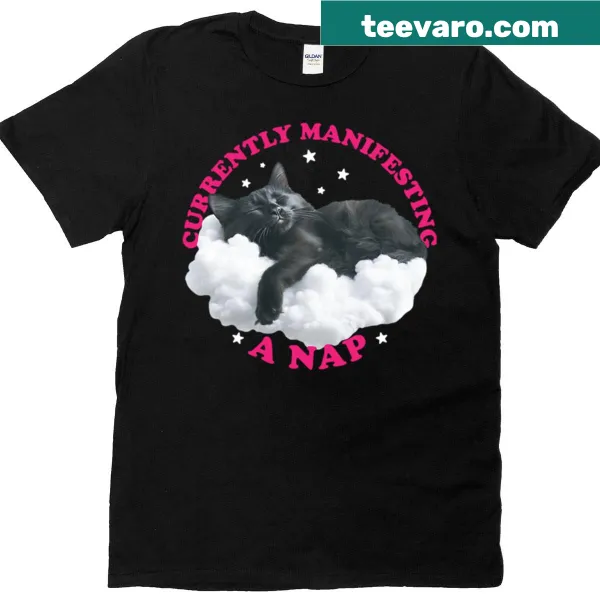 Illustration of a black cat on a cloud design in an oversized T-shirt