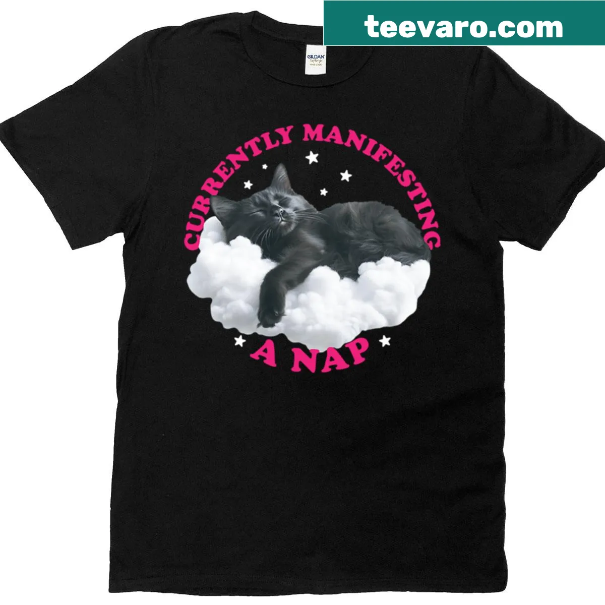 Illustration of a black cat on a cloud design in an oversized T-shirt — on a men's t-shirt