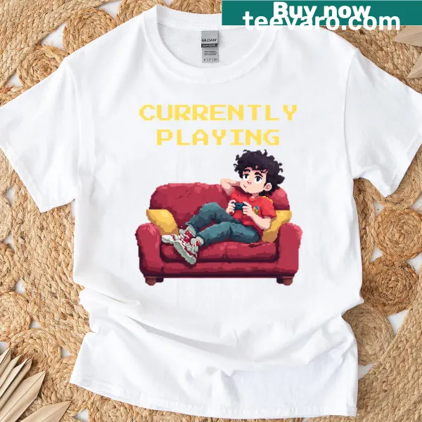 Oversized T-shirt with 'Currently Playing Pixel Gamer On Couch' text
