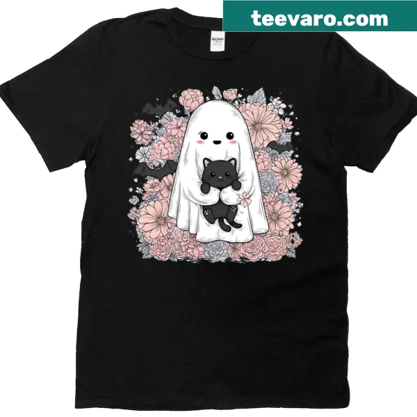 Cute ghost holding a black cat on T-shirt