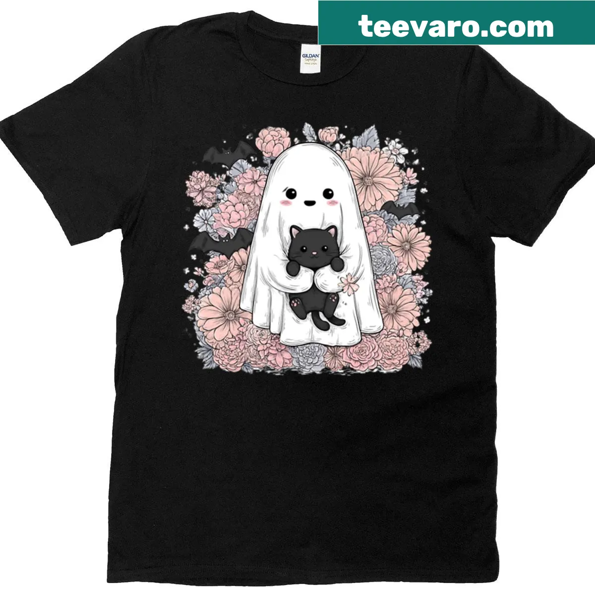 Cute ghost holding a black cat on T-shirt — on a men's t-shirt