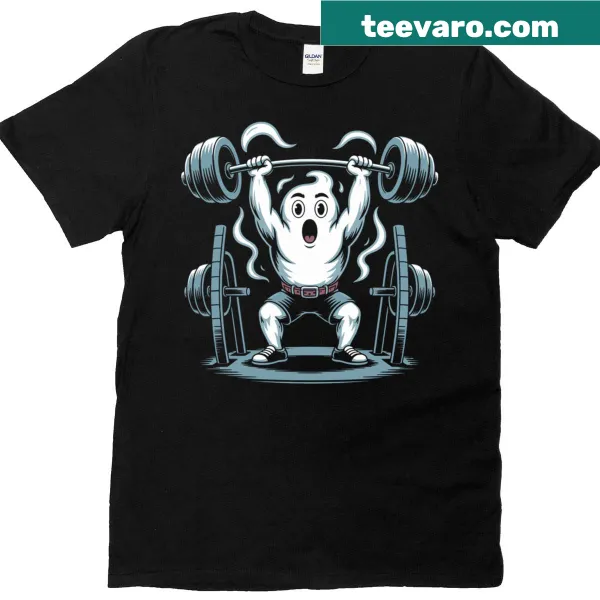 Illustration of a cute ghost lifting a dumbbell, emphasizing fitness and fun.