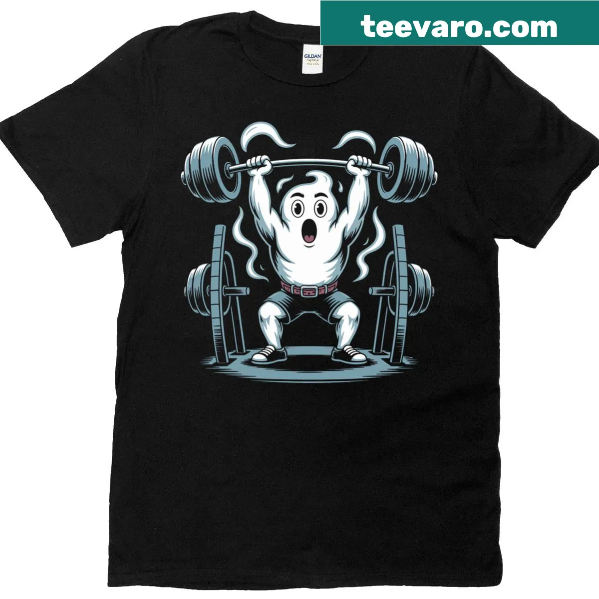 Illustration of a cute ghost lifting a dumbbell, emphasizing fitness and fun. — on a men's t-shirt