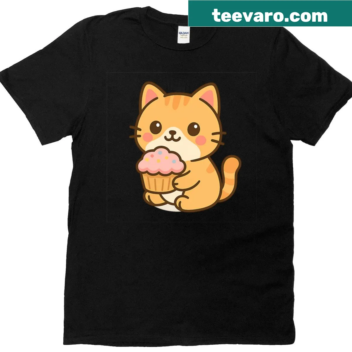 T-shirt featuring a cute kitty holding a cupcake. — on a men's t-shirt