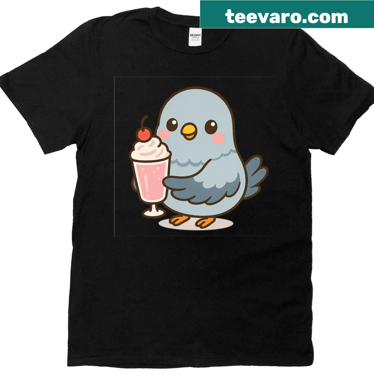 Cute cartoon pigeon with a milkshake on T-shirt — on a men's t-shirt