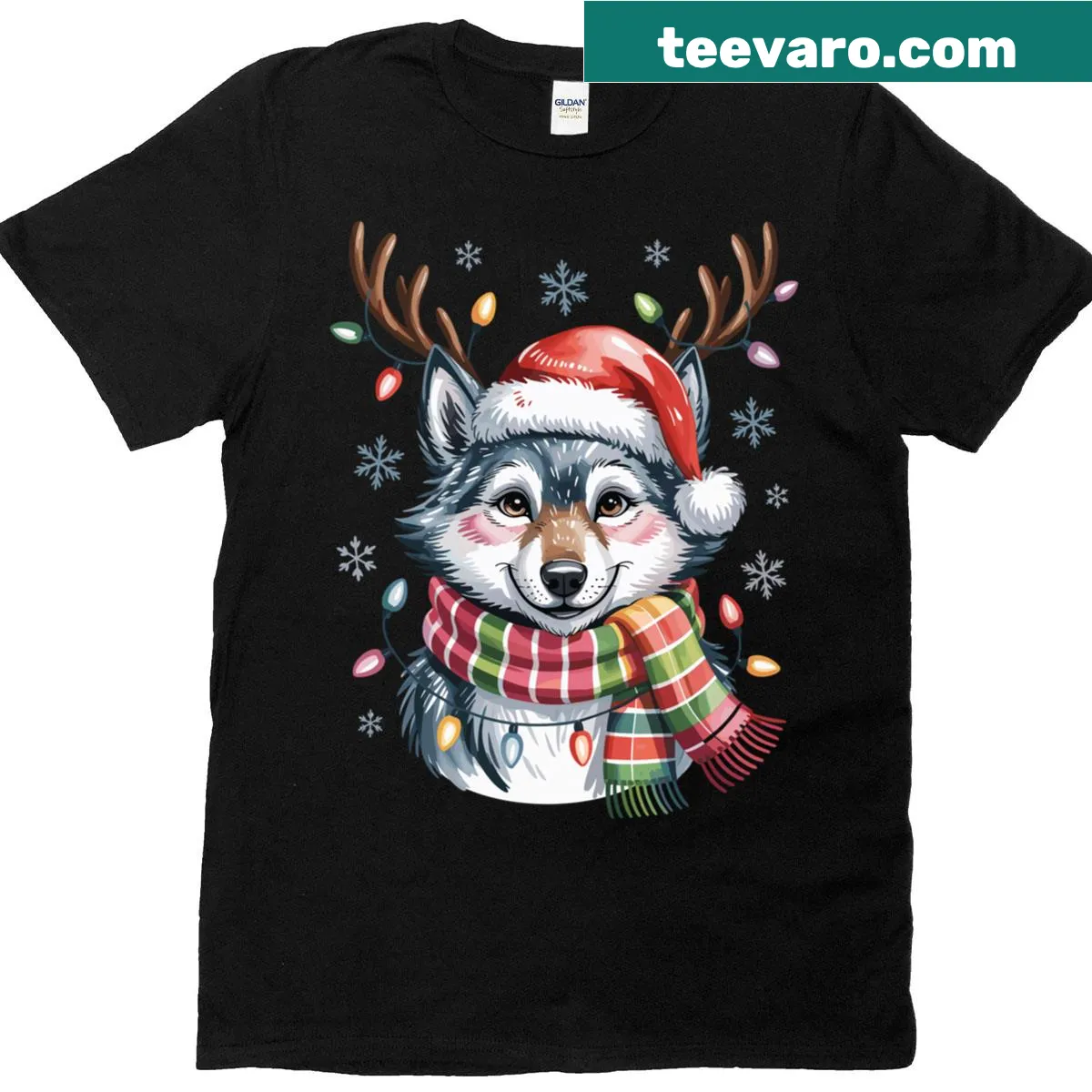 Cute holiday t-shirt featuring a wolf in Christmas attire — on a men's t-shirt