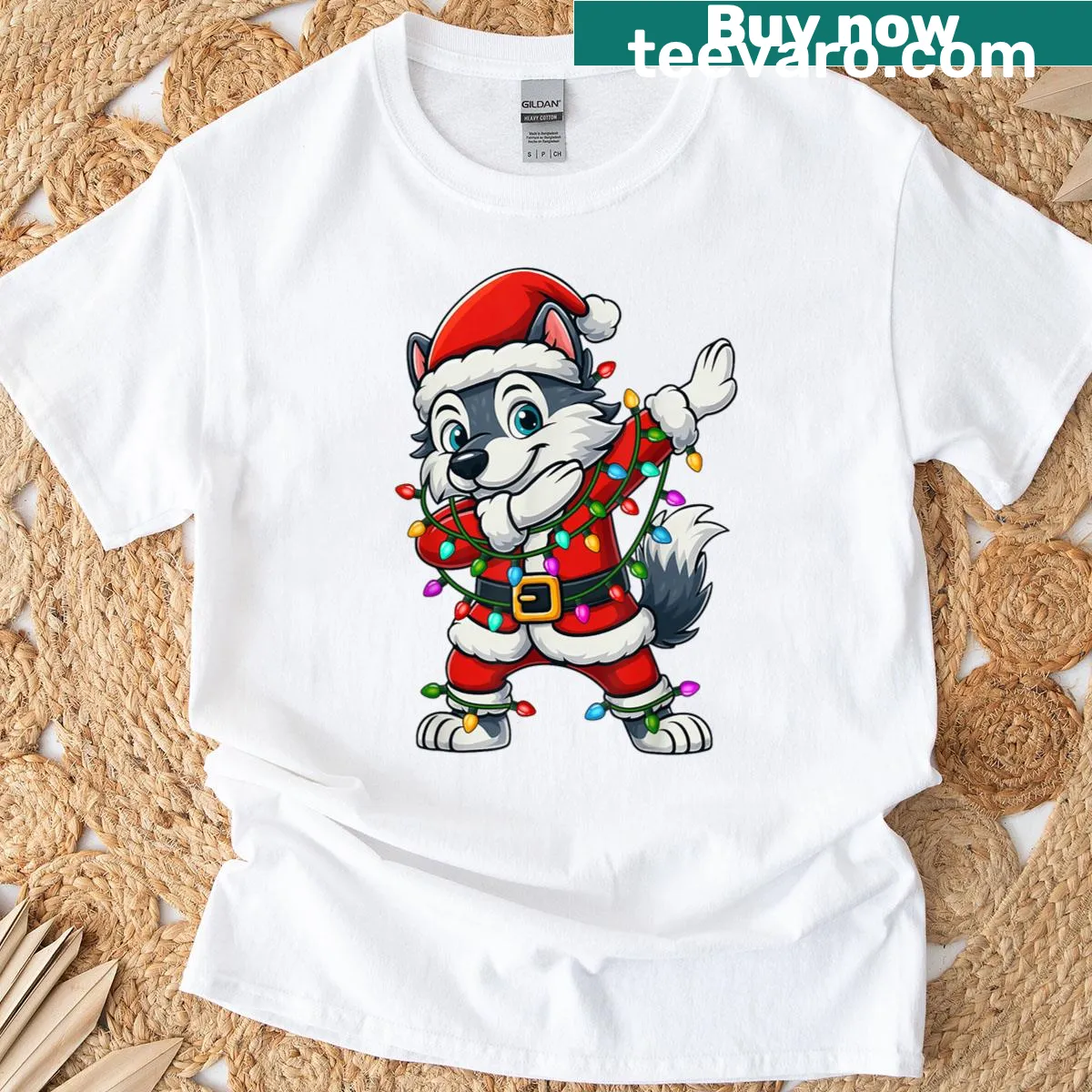 Illustration of a dabbing wolf in Santa outfit with Christmas lights — on a men's t-shirt