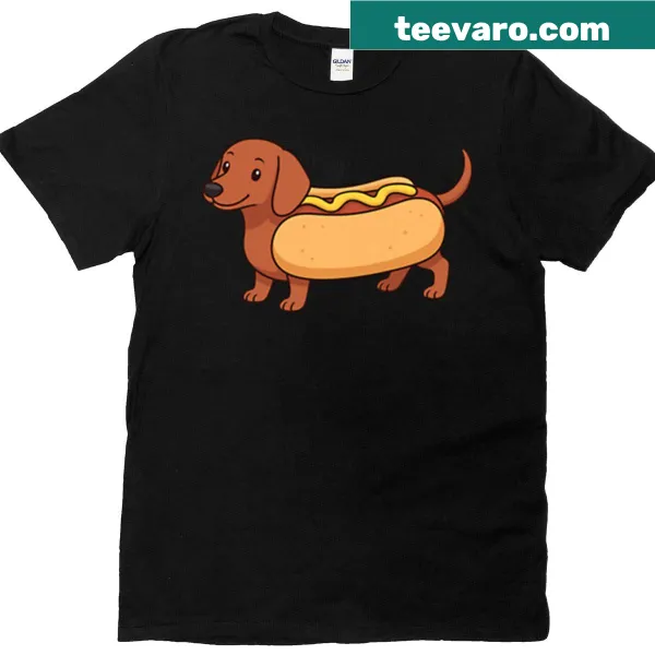 Cartoon dachshund dressed as a hot dog on a t-shirt