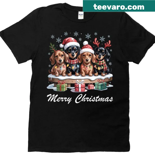 Dachshund wearing a Santa hat with holiday text on a t-shirt