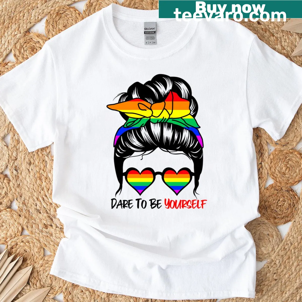 Funny graphic t-shirt with 'Dare To Be Yourself' and messy bun design — on a men's t-shirt