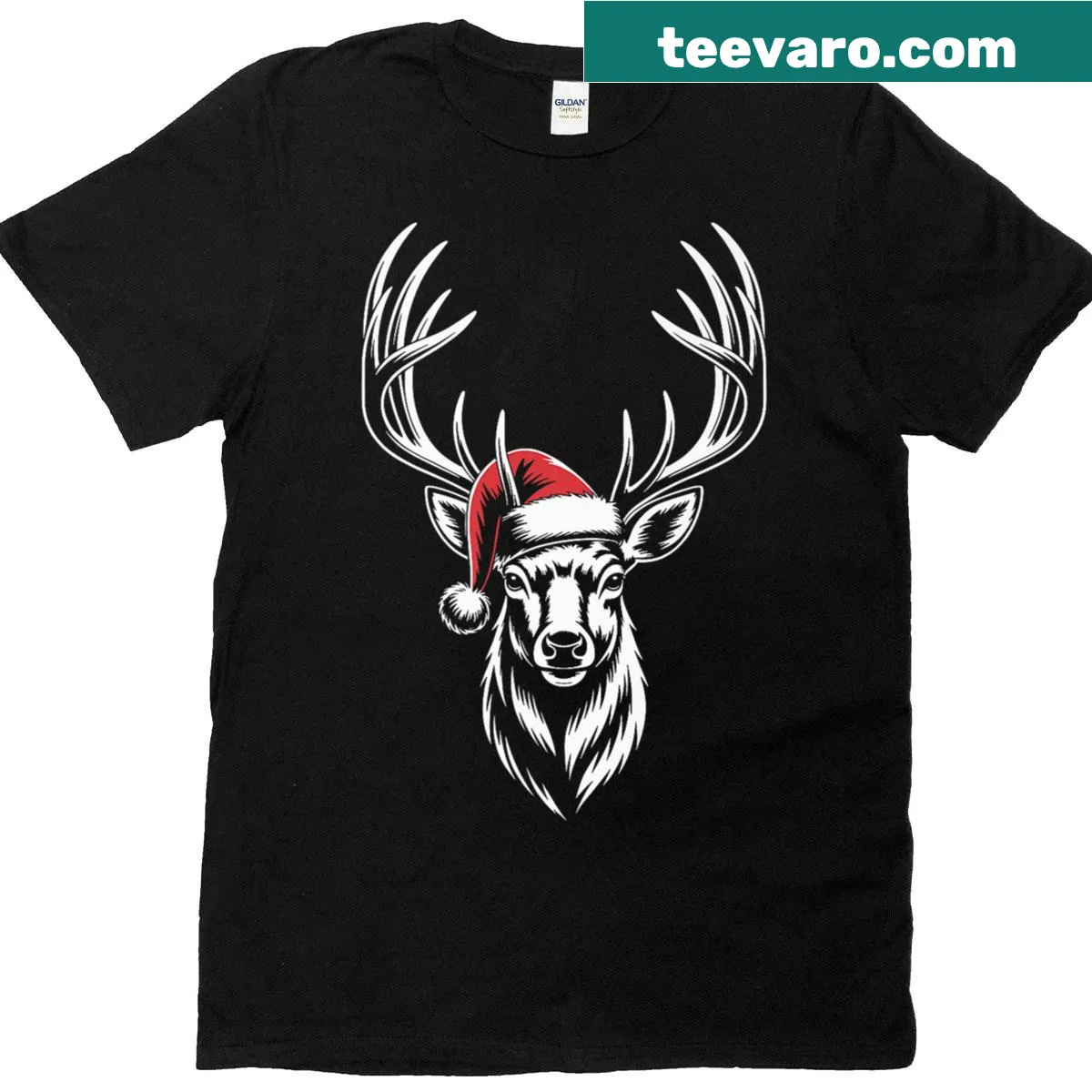 Whimsical illustration of a deer wearing a Santa hat — on a men's t-shirt