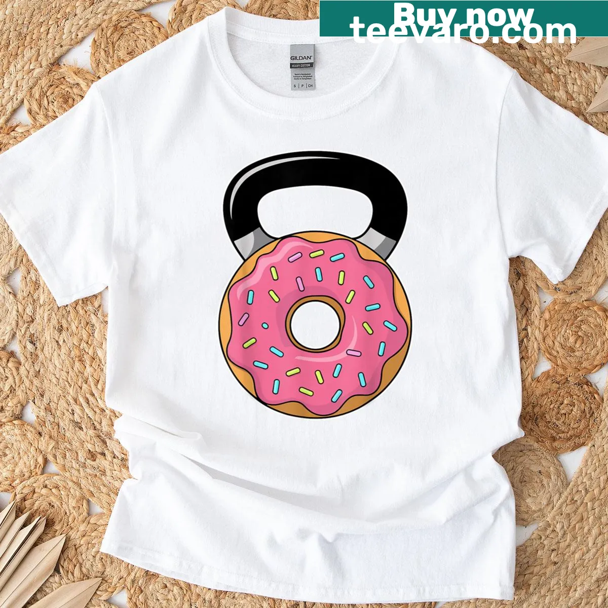Funny gym t-shirt with kettlebell and donut design — on a men's t-shirt