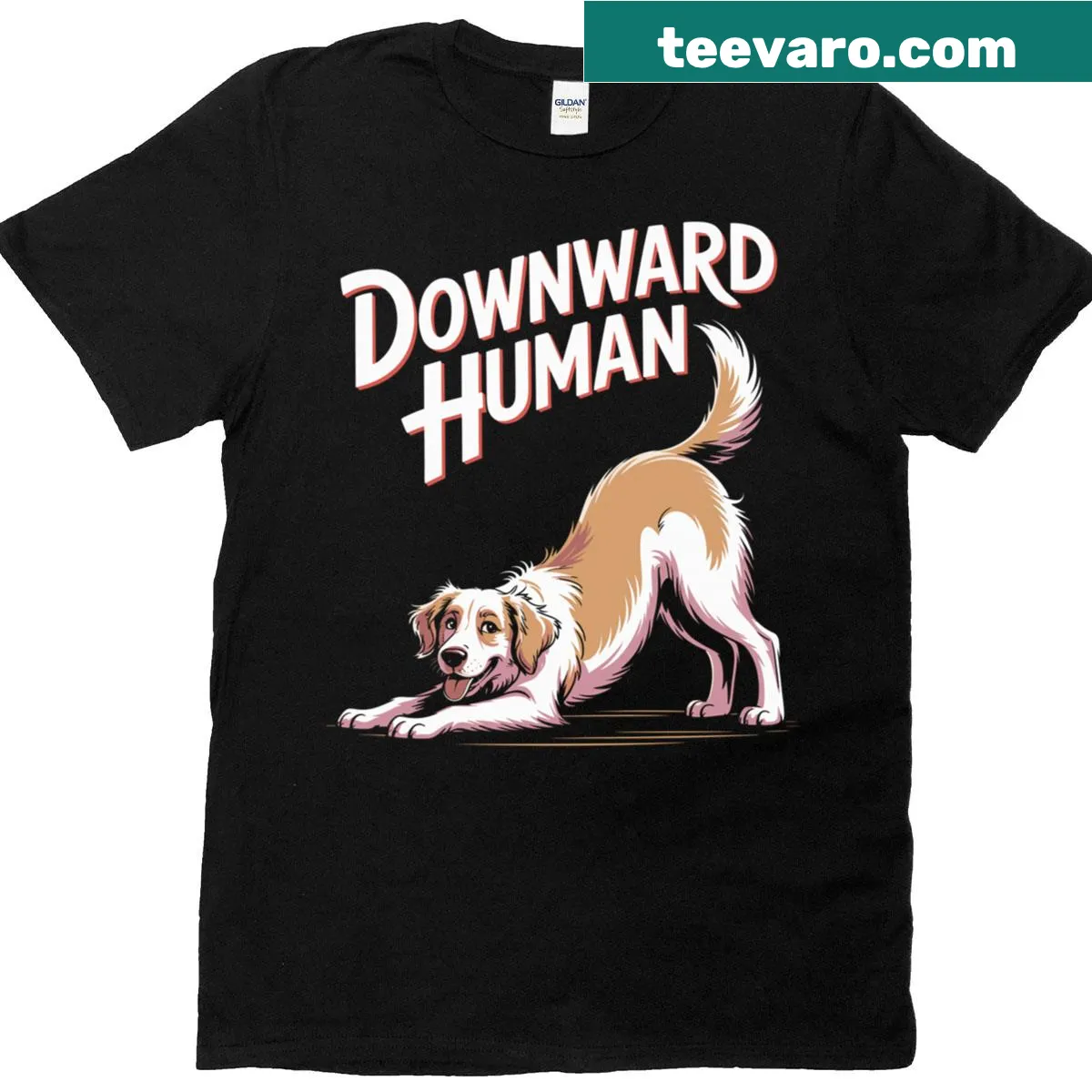 Funny yoga T-shirt featuring a dog in a yoga pose — on a men's t-shirt