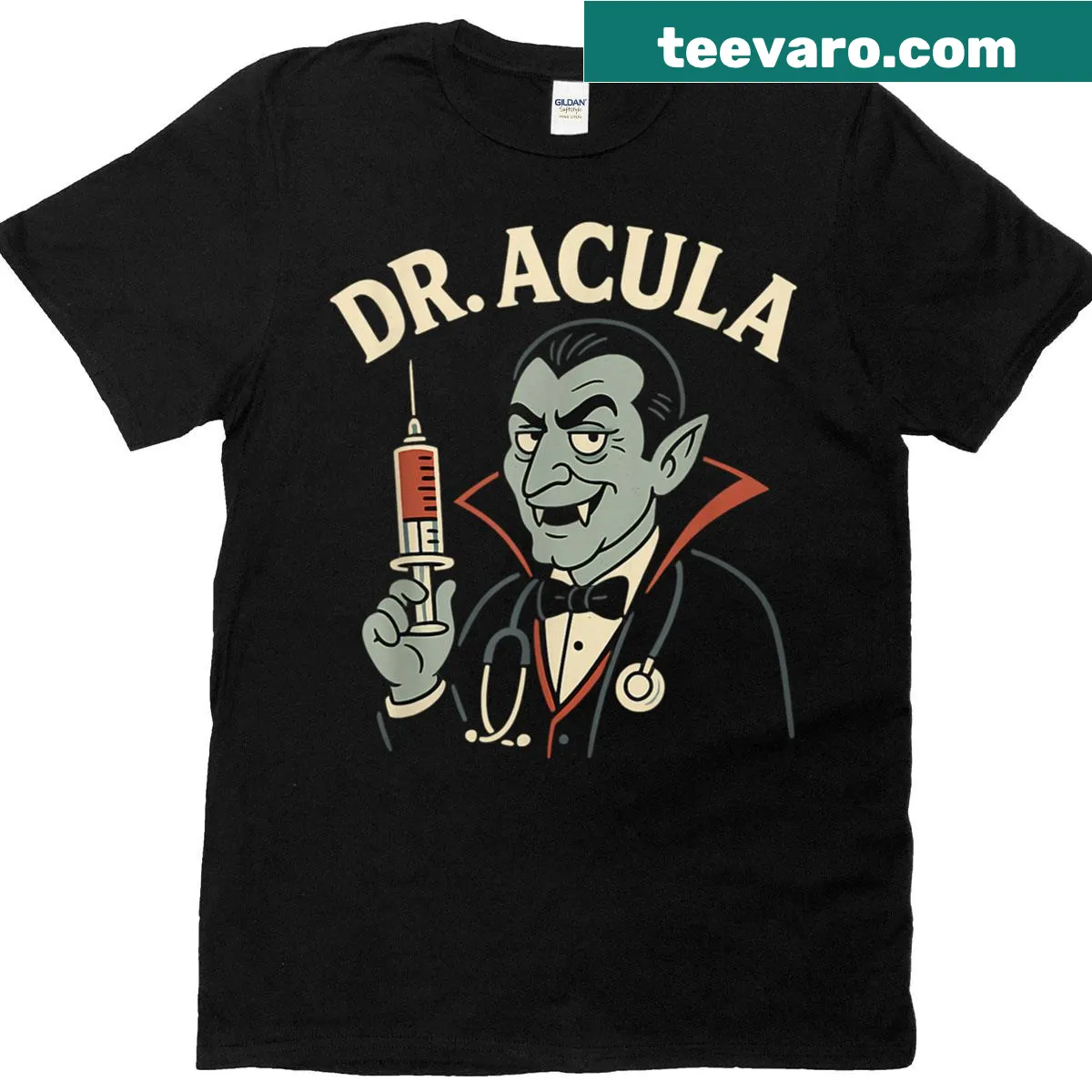 Funny retro Dr Acula vampire design on a T-shirt — on a men's t-shirt