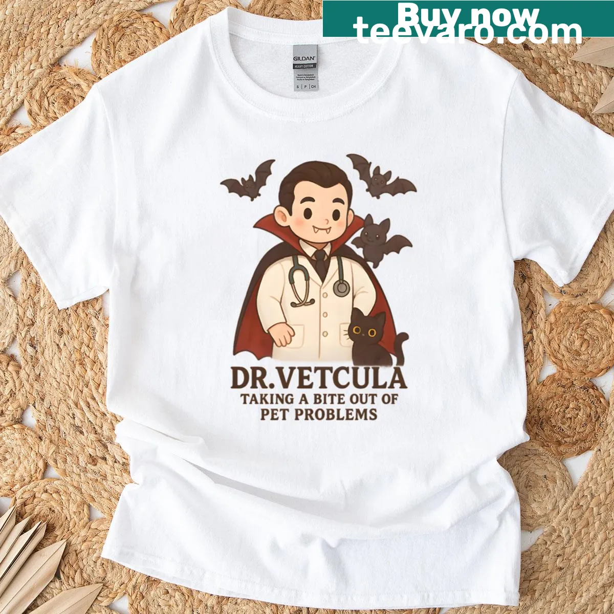 Oversized Halloween t-shirt with Dr. Vetcula graphic and humor — on a men's t-shirt