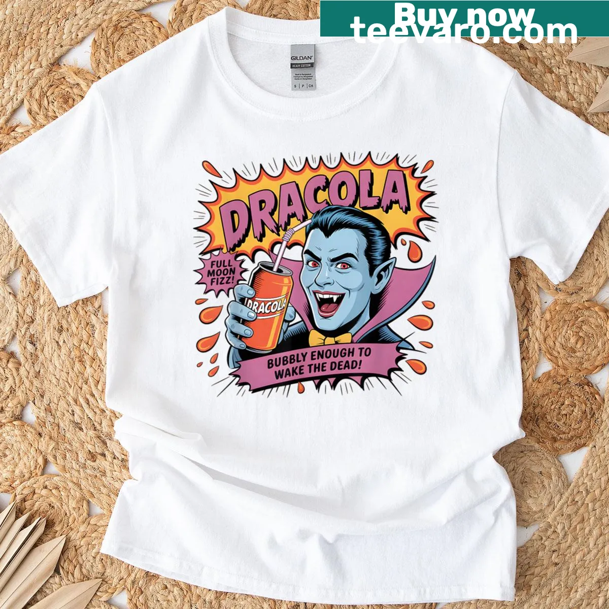 Retro graphic T-shirt featuring Dracula with a full moon design — on a men's t-shirt