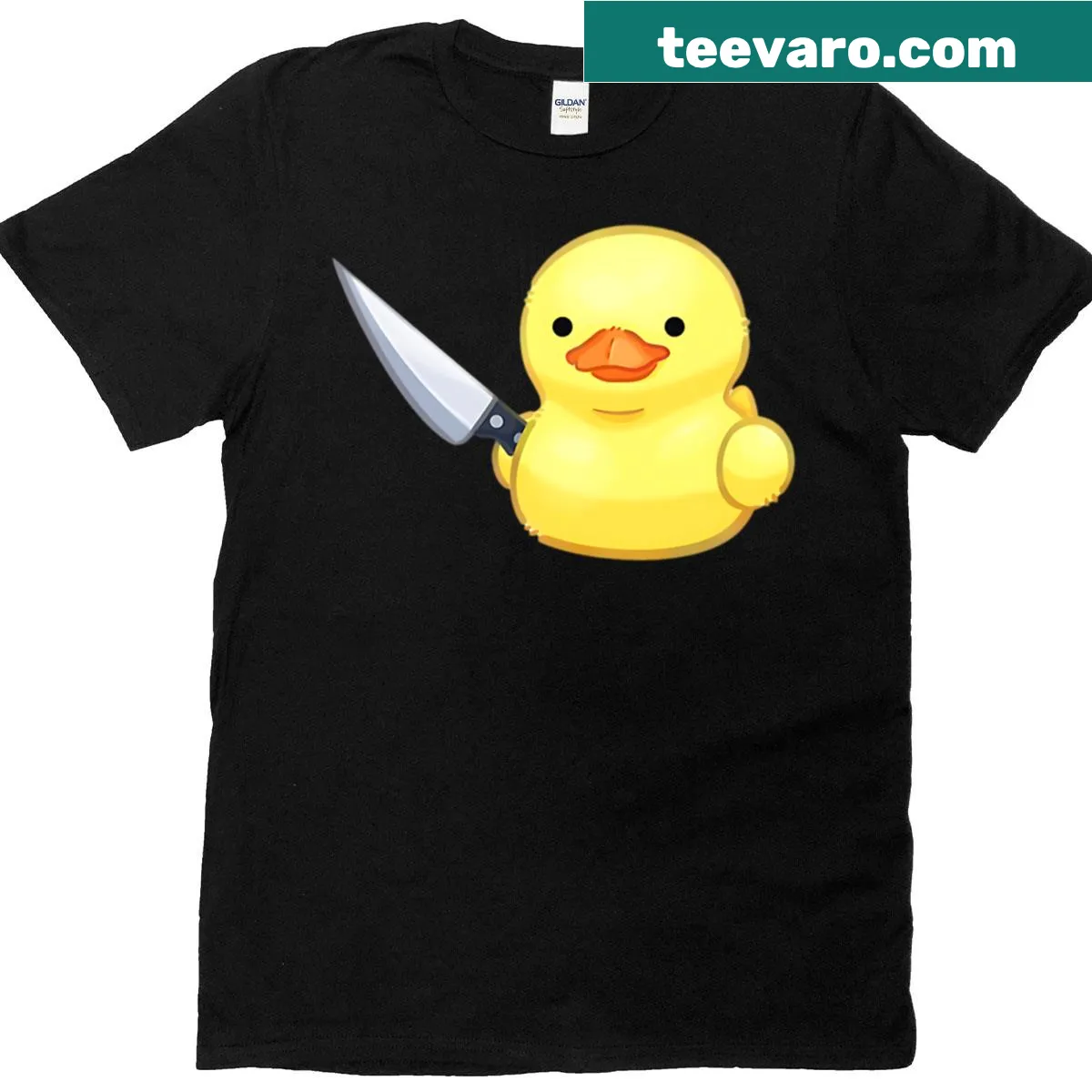 Playful illustration of a duck holding a knife — on a men's t-shirt