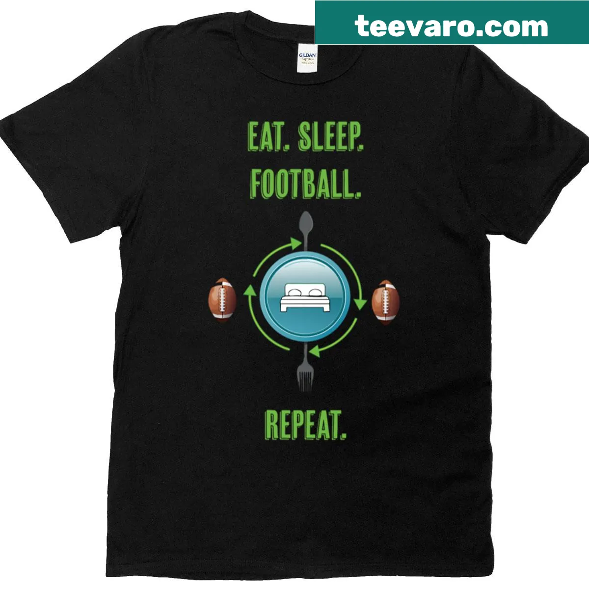 Funny t-shirt with Eat Sleep Football Repeat phrase for sports fans — on a men's t-shirt