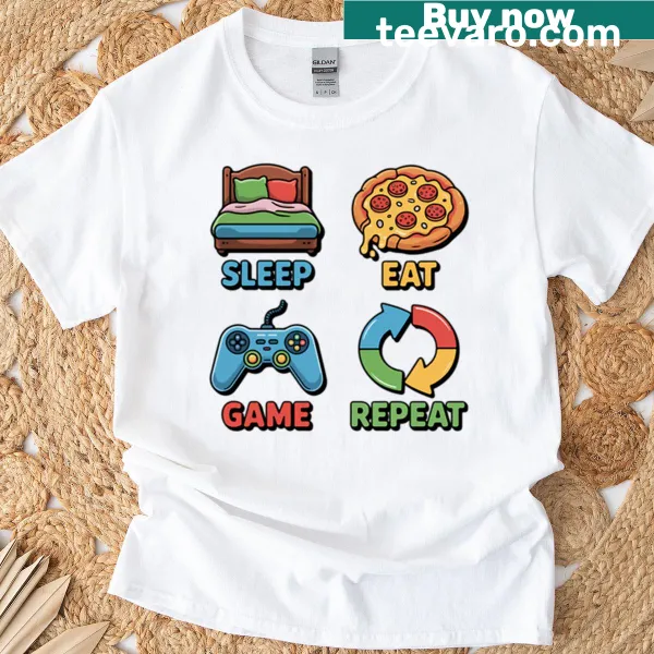 Funny gamer life design with the phrase Eat Sleep Game Repeat
