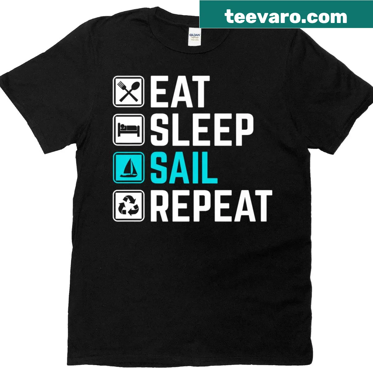 T-shirt featuring Eat Sleep Sail Repeat phrase for sailing lovers — on a men's t-shirt