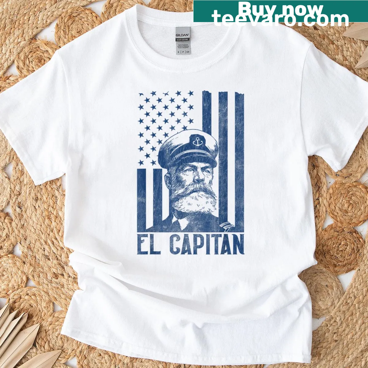 T-shirt with American flag and boat captain graphic — on a men's t-shirt