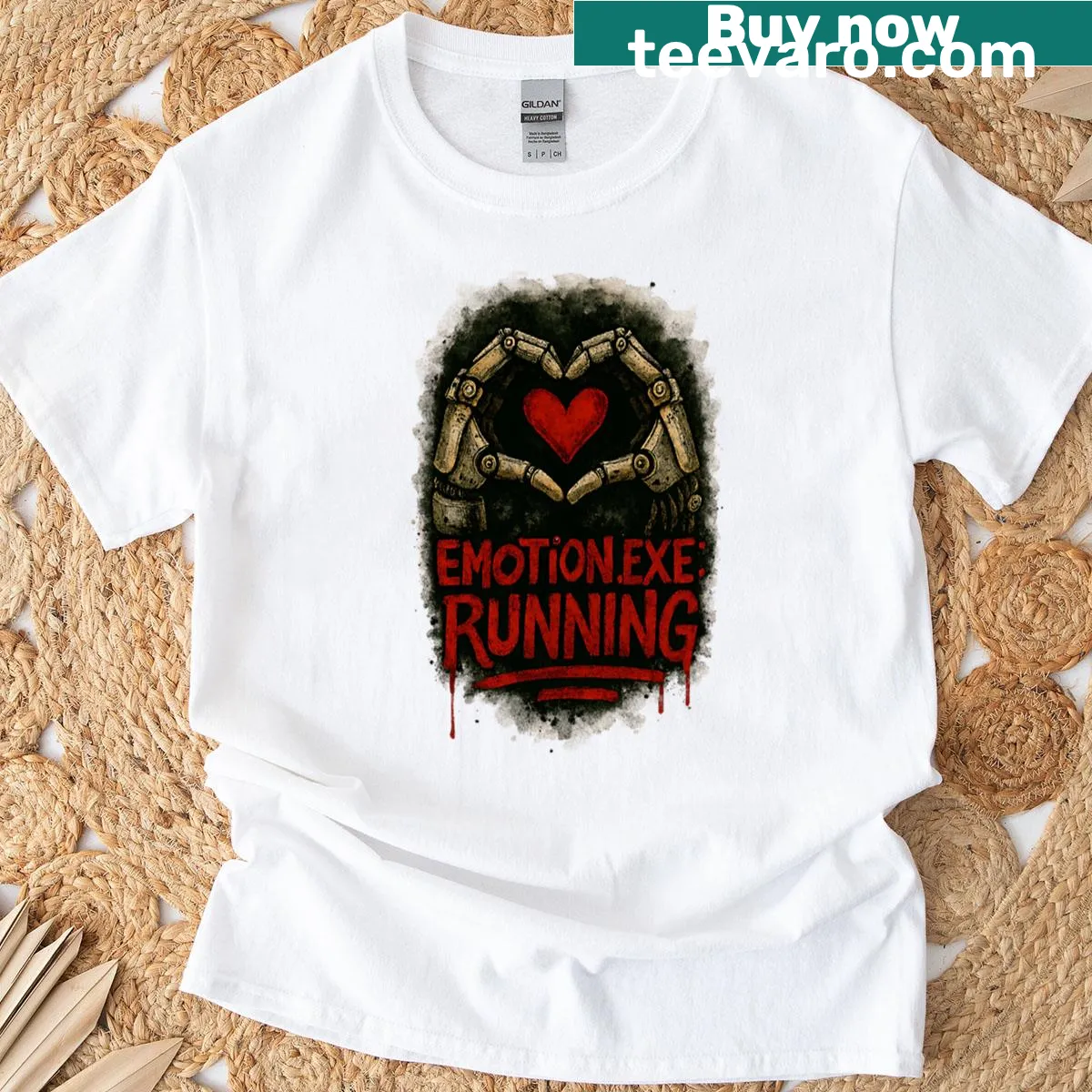 Watercolor design of a robotic heart in a cyberpunk setting — on a men's t-shirt