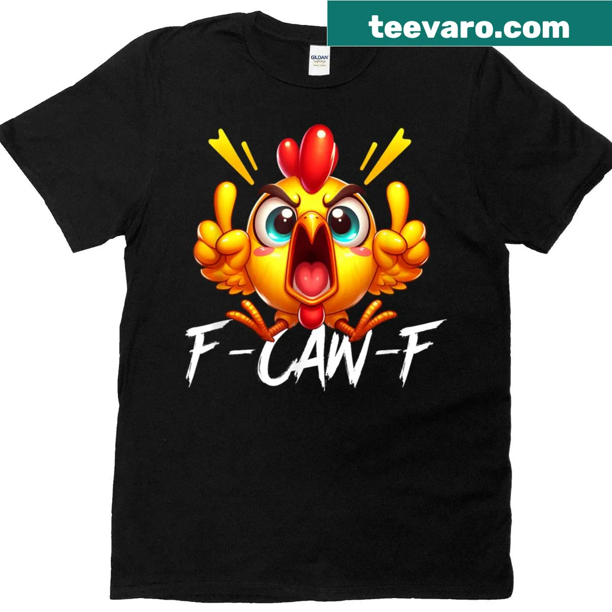 Funny angry chicken graphic T-shirt — on a men's t-shirt