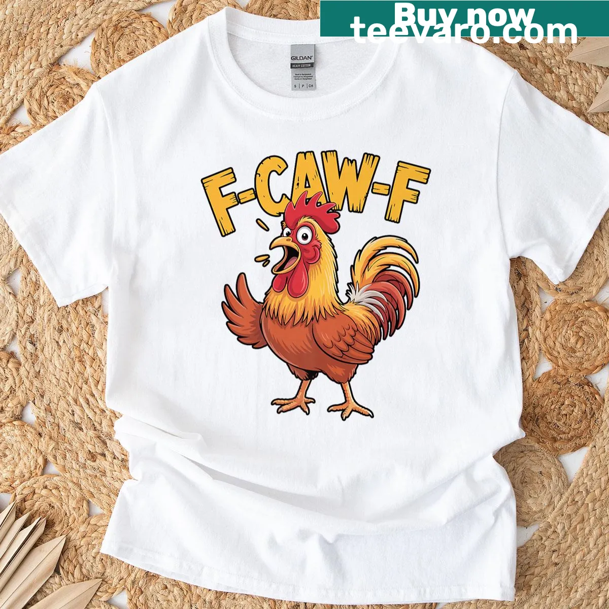 Cartoon angry rooster with F-caw-f text on a T-shirt — on a men's t-shirt