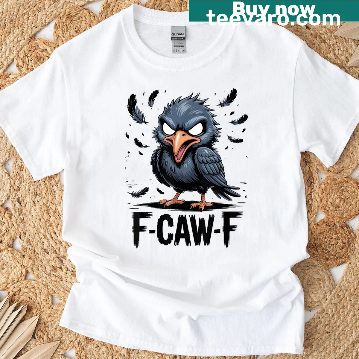 Funny black crow graphic with F-caw-f text on a tee — on a men's t-shirt